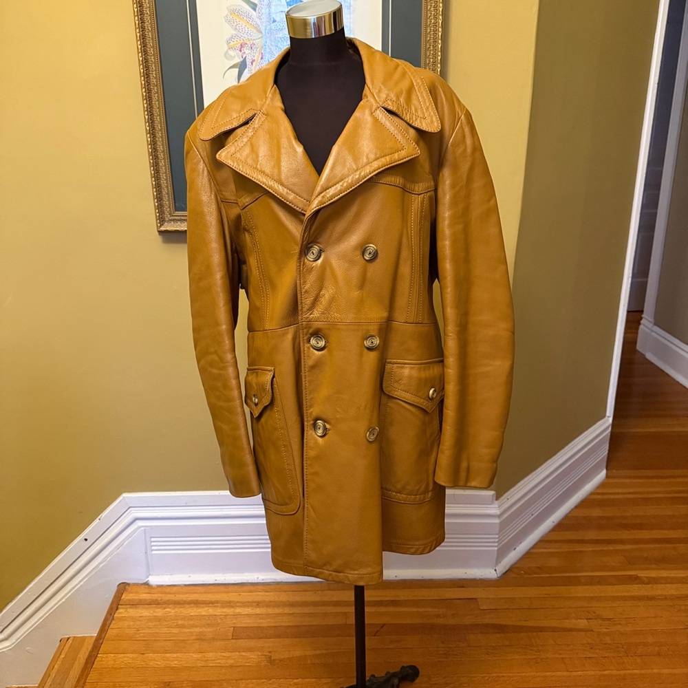 Men's Tan Leather Double-Breasted Coat